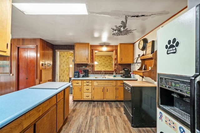 2158 Reis Run Rd, Franklin Park, PA 15237 - kitchen featuring freestanding refrigerator, light countertops, light wood finished floors, tasteful backsplash, and brown cabinetry