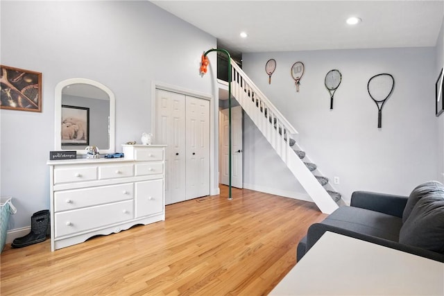 251 Myers Ln, Indiana Twp, PA 15101 - living room featuring light wood-style flooring, stairway, and recessed lighting