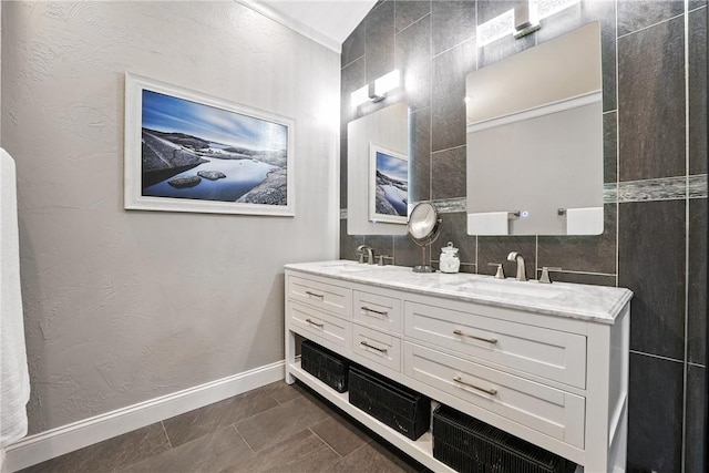 251 Myers Ln, Indiana Twp, PA 15101 - bathroom with double vanity, tile patterned flooring, and tile walls