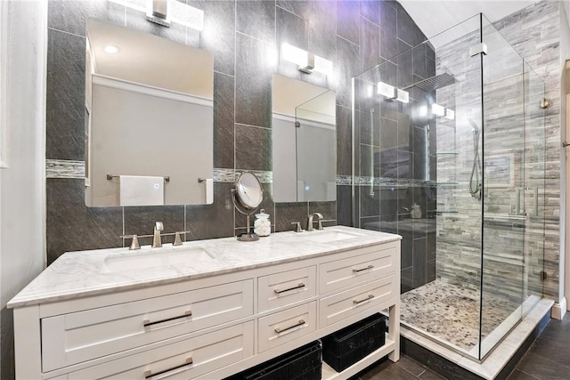 251 Myers Ln, Indiana Twp, PA 15101 - bathroom with a stall shower, double vanity, tile walls, and backsplash