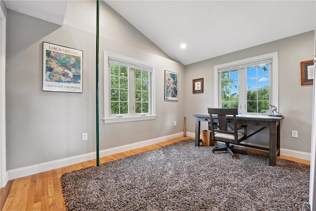 251 Myers Ln, Indiana Twp, PA 15101 - home office featuring wood finished floors, vaulted ceiling, and recessed lighting