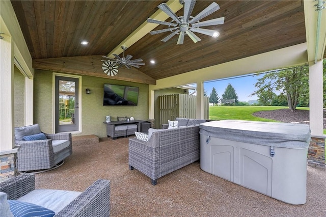251 Myers Ln, Indiana Twp, PA 15101 - view of patio featuring an outdoor living space, ceiling fan, and a hot tub