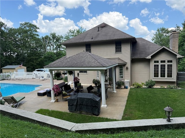 293 Sandy Hill Rd, Middlesex Twp, PA 16059 - rear view of property featuring a gazebo, a fenced backyard, a patio area, and a chimney