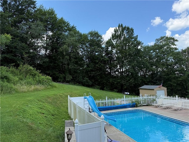 293 Sandy Hill Rd, Middlesex Twp, PA 16059 - view of swimming pool with a water slide, a patio area, and an outdoor structure