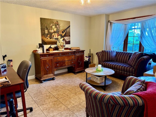 293 Sandy Hill Rd, Middlesex Twp, PA 16059 - living room with a textured ceiling, light tile patterned flooring, and an office area