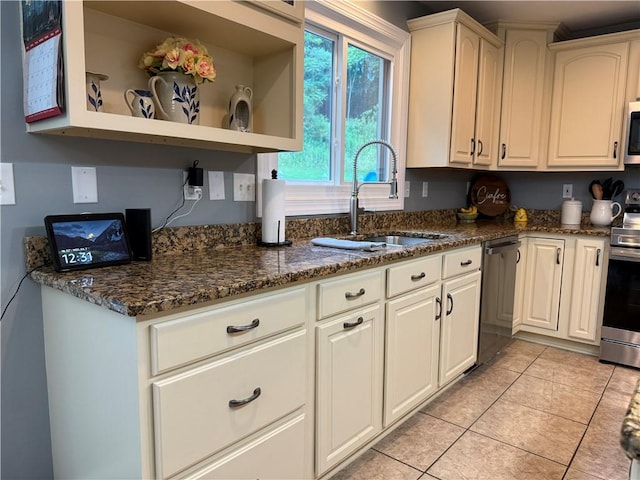 293 Sandy Hill Rd, Middlesex Twp, PA 16059 - kitchen with stainless steel appliances, open shelves, light tile patterned floors, and dark stone countertops