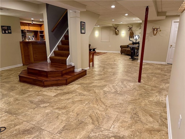 293 Sandy Hill Rd, Middlesex Twp, PA 16059 - finished below grade area featuring stone finish floors, recessed lighting, stairs, a drop ceiling, and bar area