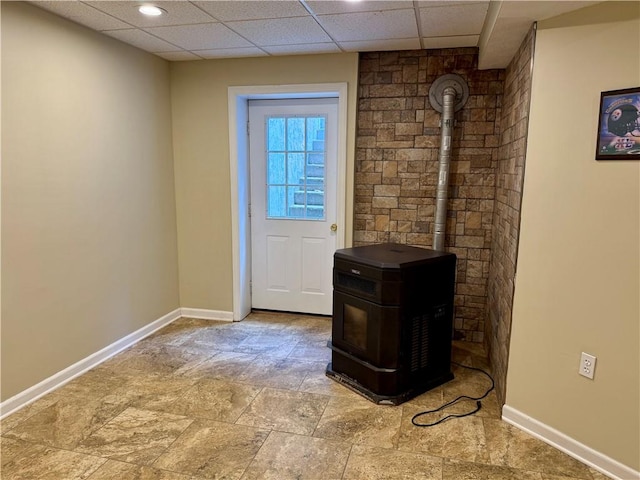 293 Sandy Hill Rd, Middlesex Twp, PA 16059 - foyer with a wood stove and light stone finish flooring