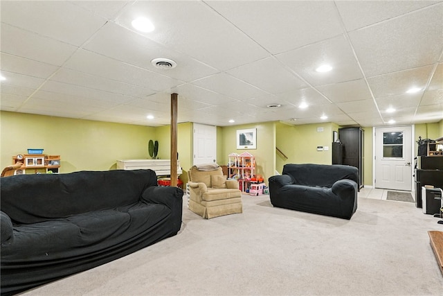 314 Shannon Cir, Daugherty Twp, PA 15066 - living room with light carpet, a paneled ceiling, stairway, and recessed lighting