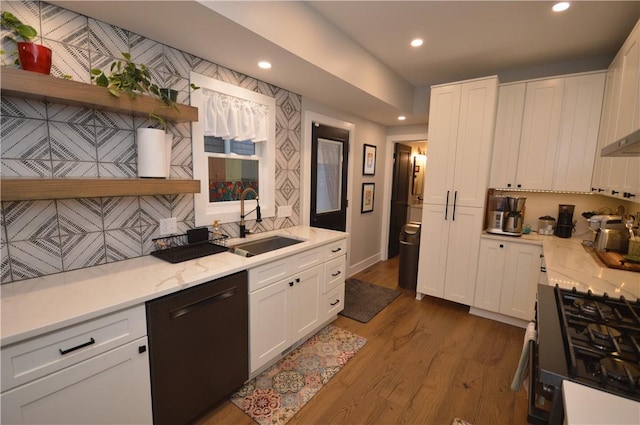 710 Cedar Ave, Central North Side, PA 15212 - kitchen featuring dishwashing machine, open shelves, black gas range, white cabinets, and recessed lighting