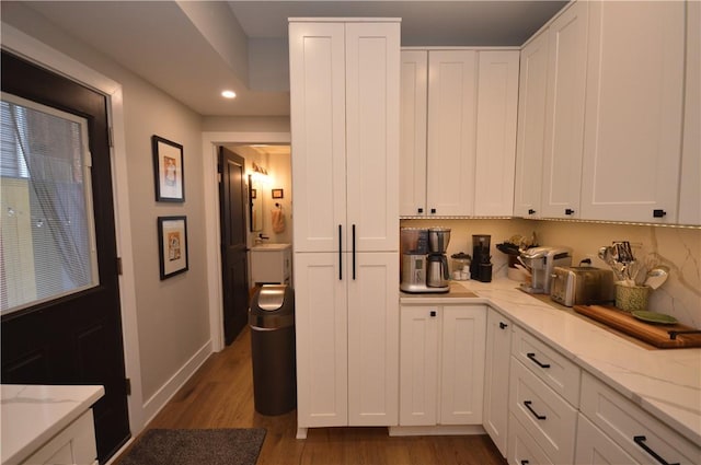 710 Cedar Ave, Central North Side, PA 15212 - kitchen featuring dark wood-style floors, white cabinets, light stone countertops, and recessed lighting