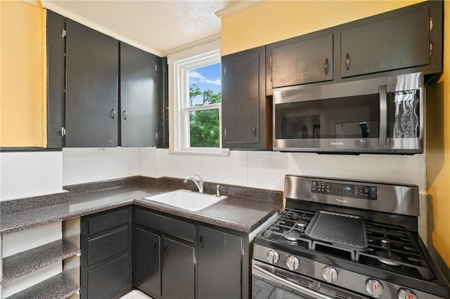 2600 Voelkel Ave, Beechview, PA 15216 - kitchen with stainless steel appliances, dark countertops, backsplash, and crown molding