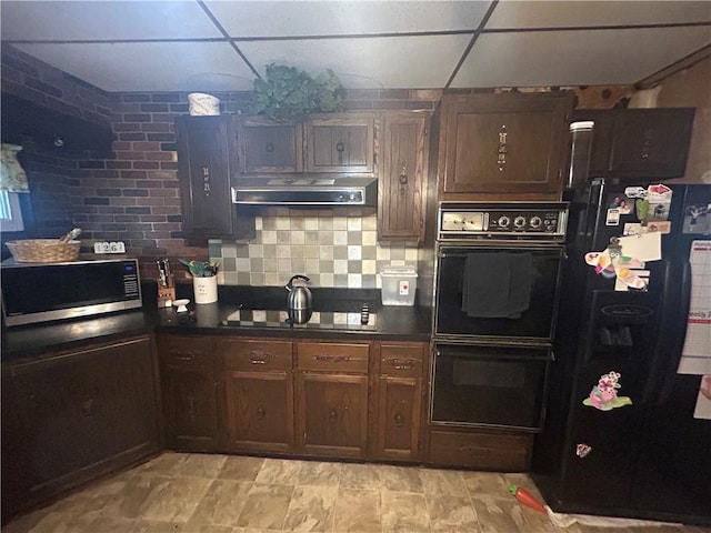 822 4th St, West Elizabeth, PA 15088 - kitchen featuring black appliances, extractor fan, dark countertops, backsplash, and a drop ceiling
