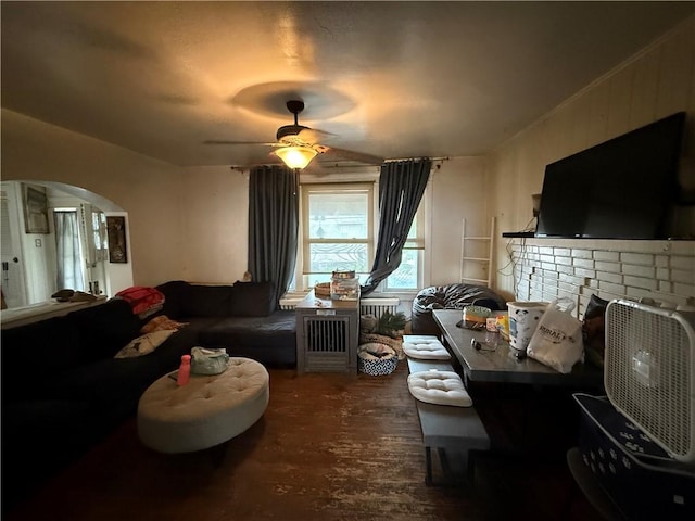 431 New York Ave, Rochester Twp, PA 15074 - living room with a ceiling fan, wood finished floors, arched walkways, and a fireplace