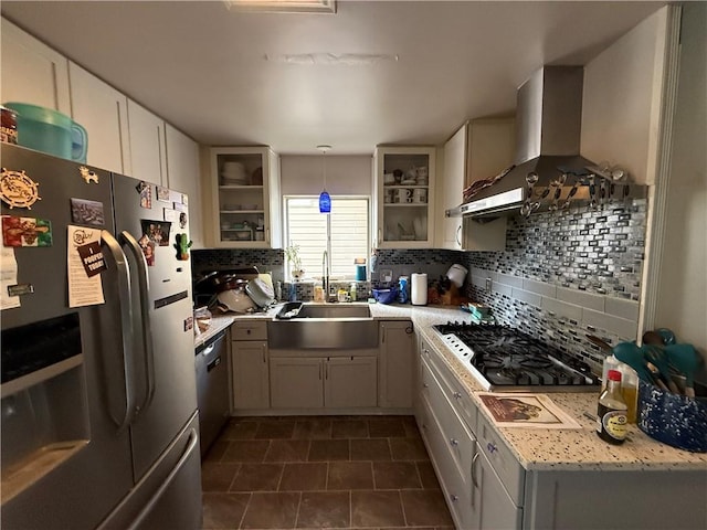 431 New York Ave, Rochester Twp, PA 15074 - kitchen with stainless steel appliances, backsplash, wall chimney exhaust hood, light countertops, and glass insert cabinets
