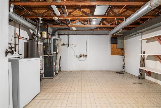 651 Newton Sq, Moon/Crescent Twp, PA 15108 - unfinished basement with washer / dryer, tile patterned floors, gas water heater, electric panel, and heating unit