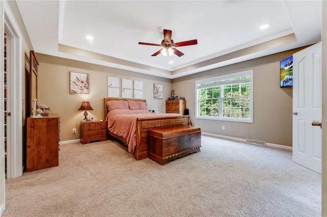 1044 Cross Creek Dr, South Union Twp, PA 15401 - carpeted bedroom featuring a raised ceiling, crown molding, recessed lighting, and a ceiling fan
