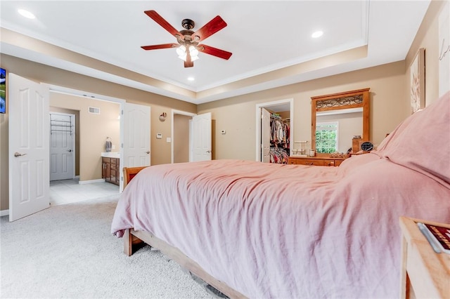 1044 Cross Creek Dr, South Union Twp, PA 15401 - bedroom featuring a raised ceiling, light carpet, a walk in closet, recessed lighting, and connected bathroom