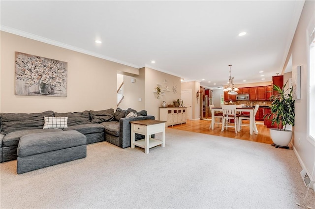1044 Cross Creek Dr, South Union Twp, PA 15401 - living area featuring light carpet, recessed lighting, stairs, and ornamental molding