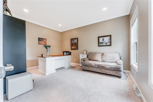 1044 Cross Creek Dr, South Union Twp, PA 15401 - office area featuring light carpet, recessed lighting, and ornamental molding