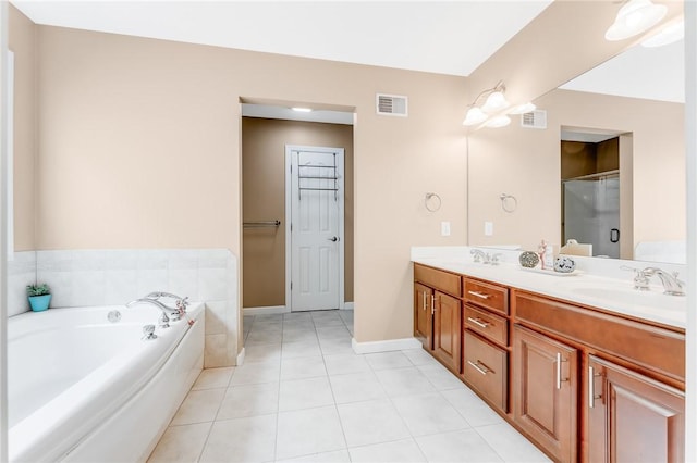 1044 Cross Creek Dr, South Union Twp, PA 15401 - bathroom featuring double vanity, a garden tub, tile patterned flooring, and an enclosed shower