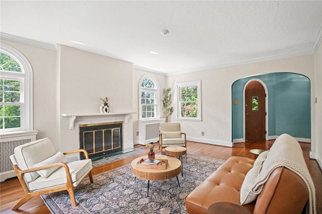 1302 Mount Royal Blvd, Shaler, PA 15223 - living area with ornamental molding, wood finished floors, radiator, a fireplace, and arched walkways