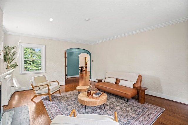 1302 Mount Royal Blvd, Shaler, PA 15223 - living area featuring arched walkways, ornamental molding, and wood finished floors