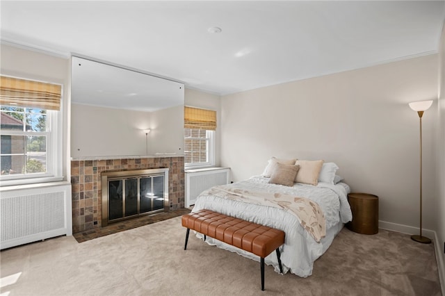 1302 Mount Royal Blvd, Shaler, PA 15223 - bedroom featuring radiator, carpet floors, a fireplace with flush hearth, and ornamental molding