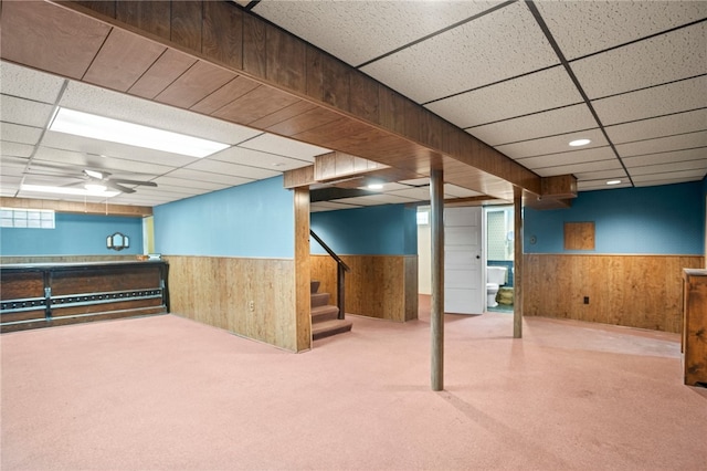 1302 Mount Royal Blvd, Shaler, PA 15223 - basement featuring wainscoting, a paneled ceiling, stairs, carpet flooring, and bar area