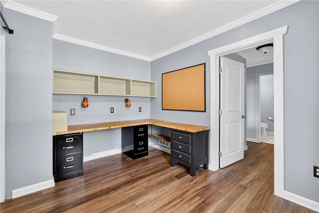112 Oxford Pl, Saint Clair, PA 15241 - unfurnished office featuring dark wood-style floors, built in desk, and crown molding