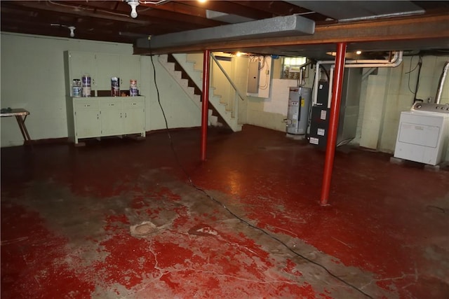 721 Spring St, Roscoe, PA 15477 - unfinished below grade area featuring washer / dryer, electric panel, stairs, heating unit, and gas water heater