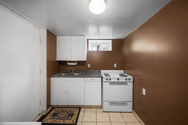 115 Shippingport Rd, Aliquippa, PA 15001 - kitchen with white electric stove, dark countertops, white cabinets, and light tile patterned flooring