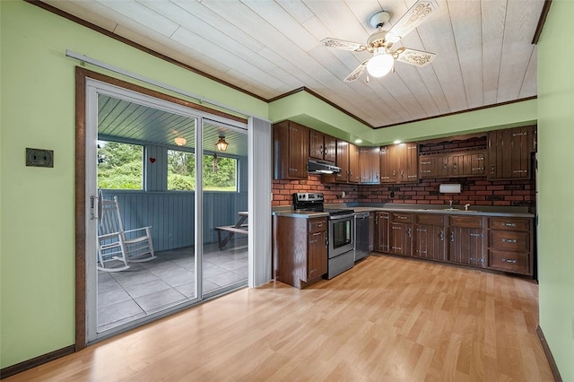 115 Shippingport Rd, Aliquippa, PA 15001 - kitchen with stainless steel range with electric stovetop, under cabinet range hood, light wood finished floors, dishwasher, and a ceiling fan