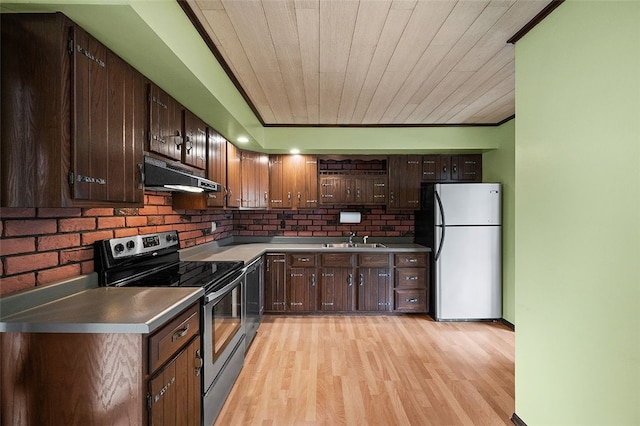 115 Shippingport Rd, Aliquippa, PA 15001 - kitchen with freestanding refrigerator, electric range, under cabinet range hood, light wood-style flooring, and dark brown cabinetry