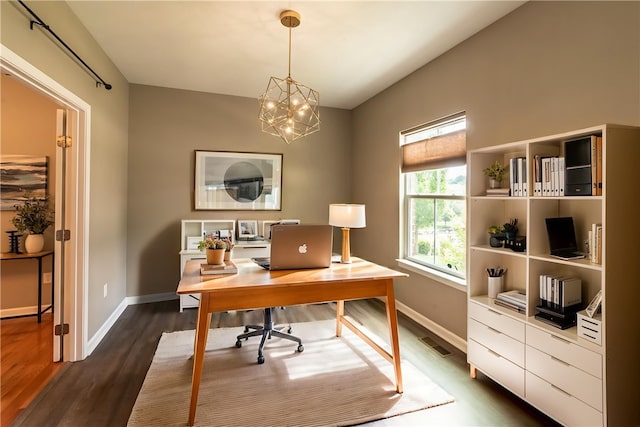 106 Kestler Dr, Pine Twp, PA 15090 - office area featuring dark wood-type flooring and a chandelier