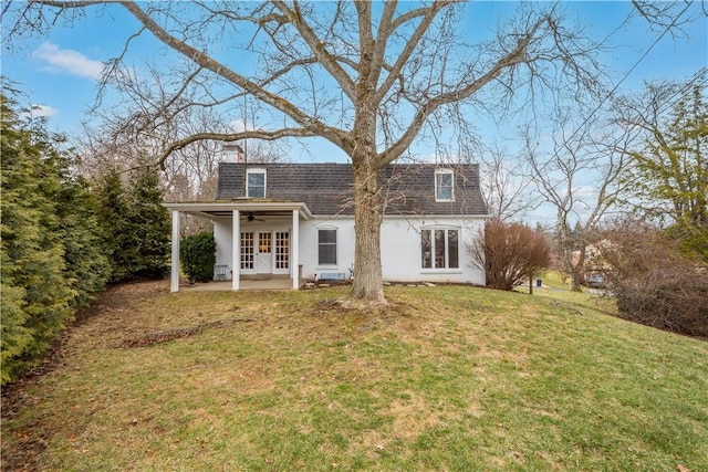 1742 Partridge Run Rd, Saint Clair, PA 15241 - view of front of home featuring a ceiling fan, a front yard, roof with shingles, a patio area, and french doors