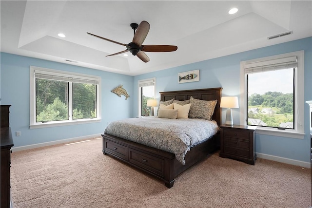 207 Tamarack Dr, Adams Twp, PA 16046 - bedroom with light carpet, a raised ceiling, recessed lighting, and a ceiling fan