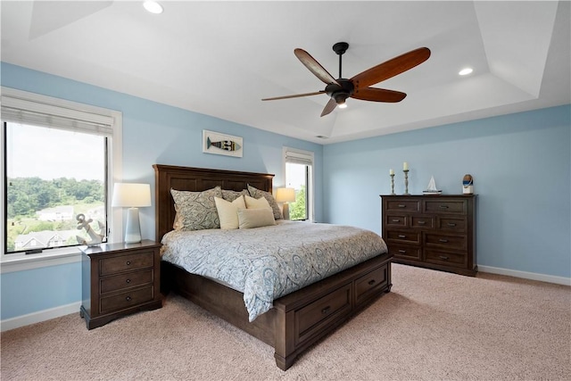 207 Tamarack Dr, Adams Twp, PA 16046 - bedroom with light carpet, recessed lighting, a raised ceiling, and ceiling fan
