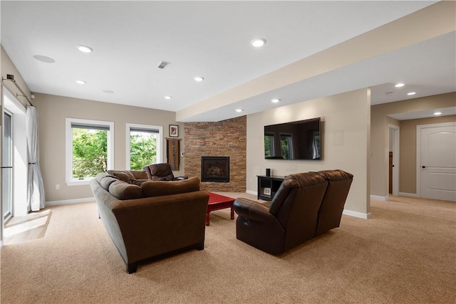 207 Tamarack Dr, Adams Twp, PA 16046 - living room with light colored carpet, a fireplace, and recessed lighting