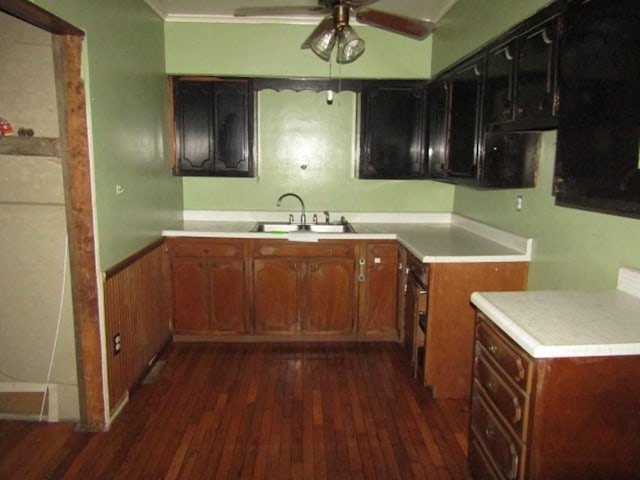 463 Georgetown Rd, South Beaver Twp, PA 16115 - kitchen with dark wood-type flooring, ceiling fan, ornamental molding, light countertops, and wainscoting
