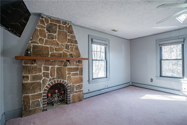 109 Maplewood Ave, Center Twp, PA 15001 - unfurnished living room featuring carpet, plenty of natural light, a textured ceiling, a baseboard heating unit, and ceiling fan