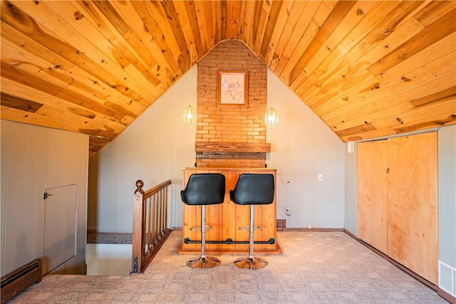 109 Maplewood Ave, Center Twp, PA 15001 - bar with wooden ceiling, vaulted ceiling, a baseboard heating unit, and carpet