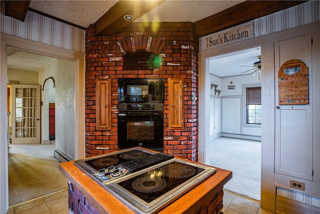 109 Maplewood Ave, Center Twp, PA 15001 - kitchen featuring black appliances, light carpet, a baseboard heating unit, ceiling fan, and a textured ceiling