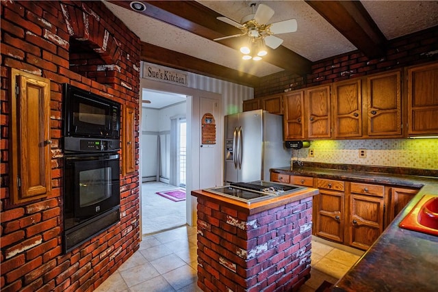 109 Maplewood Ave, Center Twp, PA 15001 - kitchen with black appliances, a ceiling fan, beam ceiling, brown cabinetry, and a kitchen island