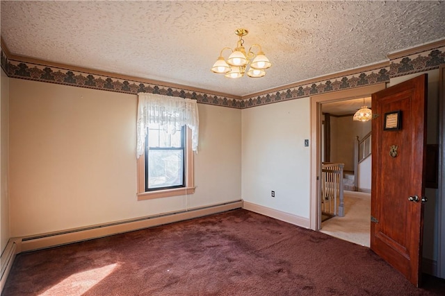 109 Maplewood Ave, Center Twp, PA 15001 - empty room with a baseboard radiator, a chandelier, carpet floors, a textured ceiling, and ornamental molding
