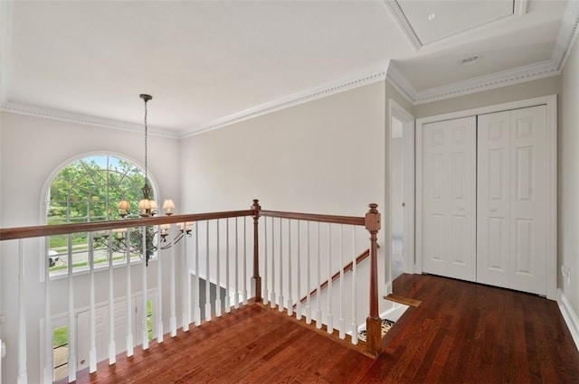 801 Huron Ct, Adams Twp, PA 15044 - corridor with an upstairs landing, wood finished floors, ornamental molding, and a chandelier