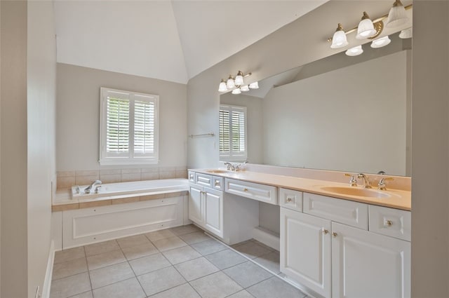 801 Huron Ct, Adams Twp, PA 15044 - bathroom with lofted ceiling, tile patterned flooring, a garden tub, and double vanity