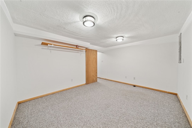 1541 Sugarloaf, Plum Boro, PA 15239 - finished basement with carpet floors, a textured ceiling, crown molding, and electric panel