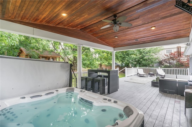 231 Loretta Dr, Monroeville, PA 15146 - wooden deck with an outdoor living space, ceiling fan, and a covered hot tub
