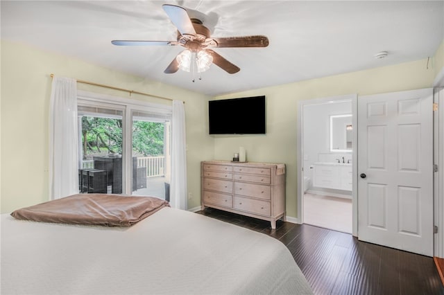 231 Loretta Dr, Monroeville, PA 15146 - bedroom with access to outside, dark wood-style flooring, ensuite bath, and ceiling fan